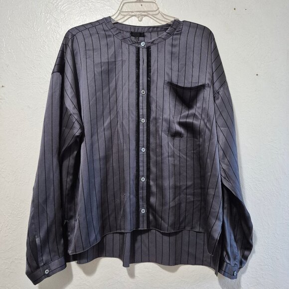 ATM Grey Silk Striped Tuxedo Pajama Blouse Size L Designer WorkMenswearInspired - Picture 2 of 16